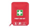Red first aid kit with a white cross on a green square, and icons for hiking, cycling, and camping.