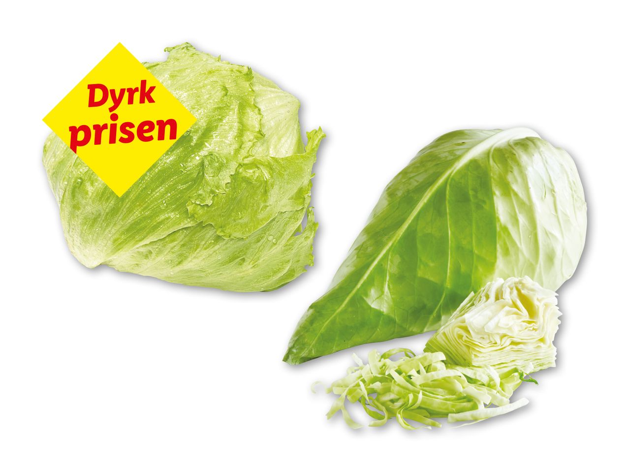 Iceberg salat og spidskål med teksten 'Dyrk prisen' på en gul etiket.