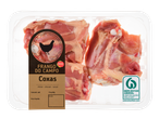 Embalagem de coxas de frango do campo com rótulos 'Portugal Original' e 'Welfair'.