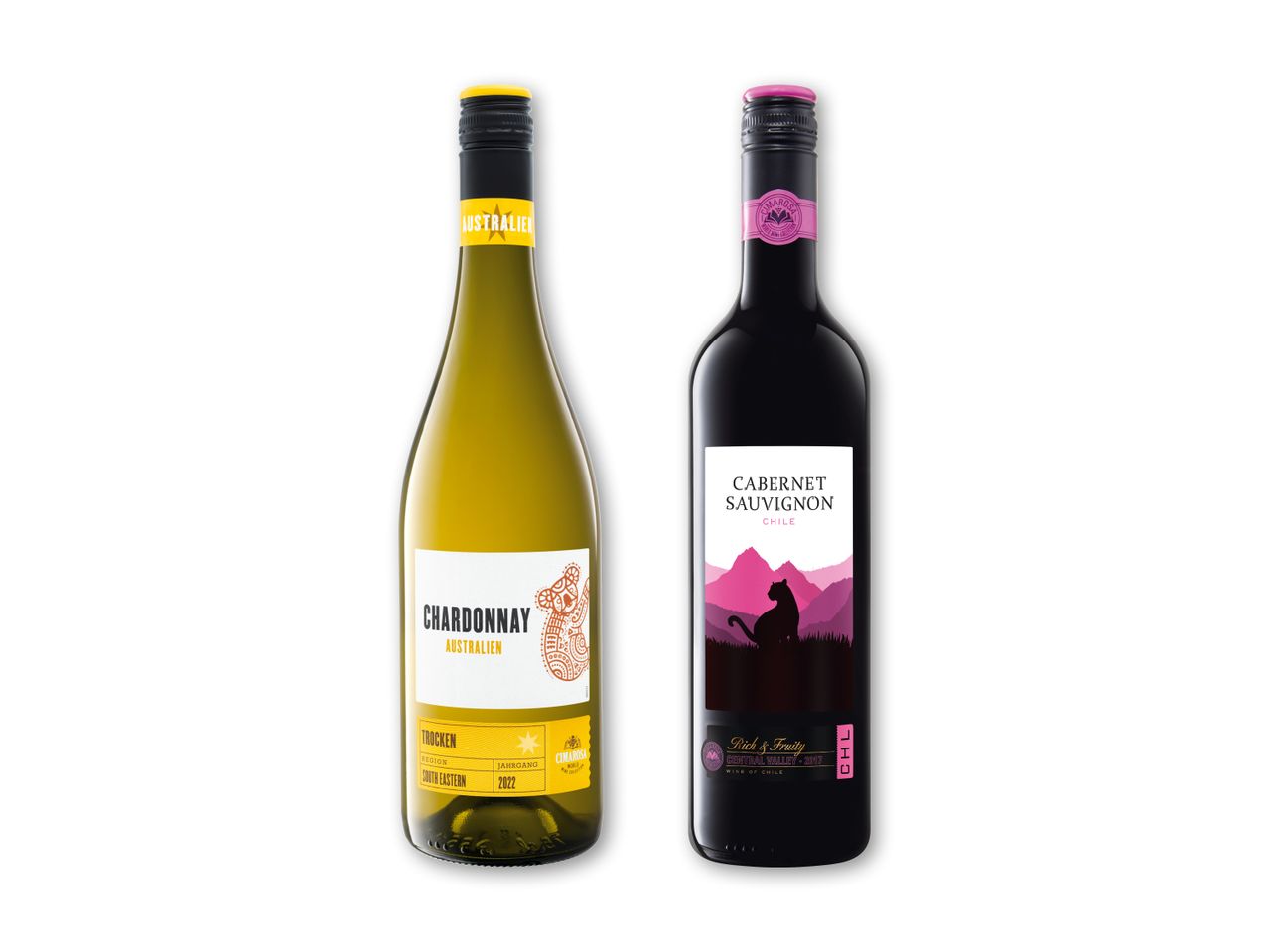 To vinflasker: en hvidvin Chardonnay fra Australien og en rødvin Cabernet Sauvignon fra Chile.