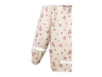 Close-up of a cream-colored children's rain jacket with pink floral print and reflective stripes.