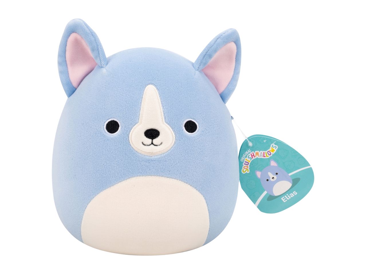 Light blue plush toy with pink ears and a white snout, featuring a tag with a cartoon dog.
