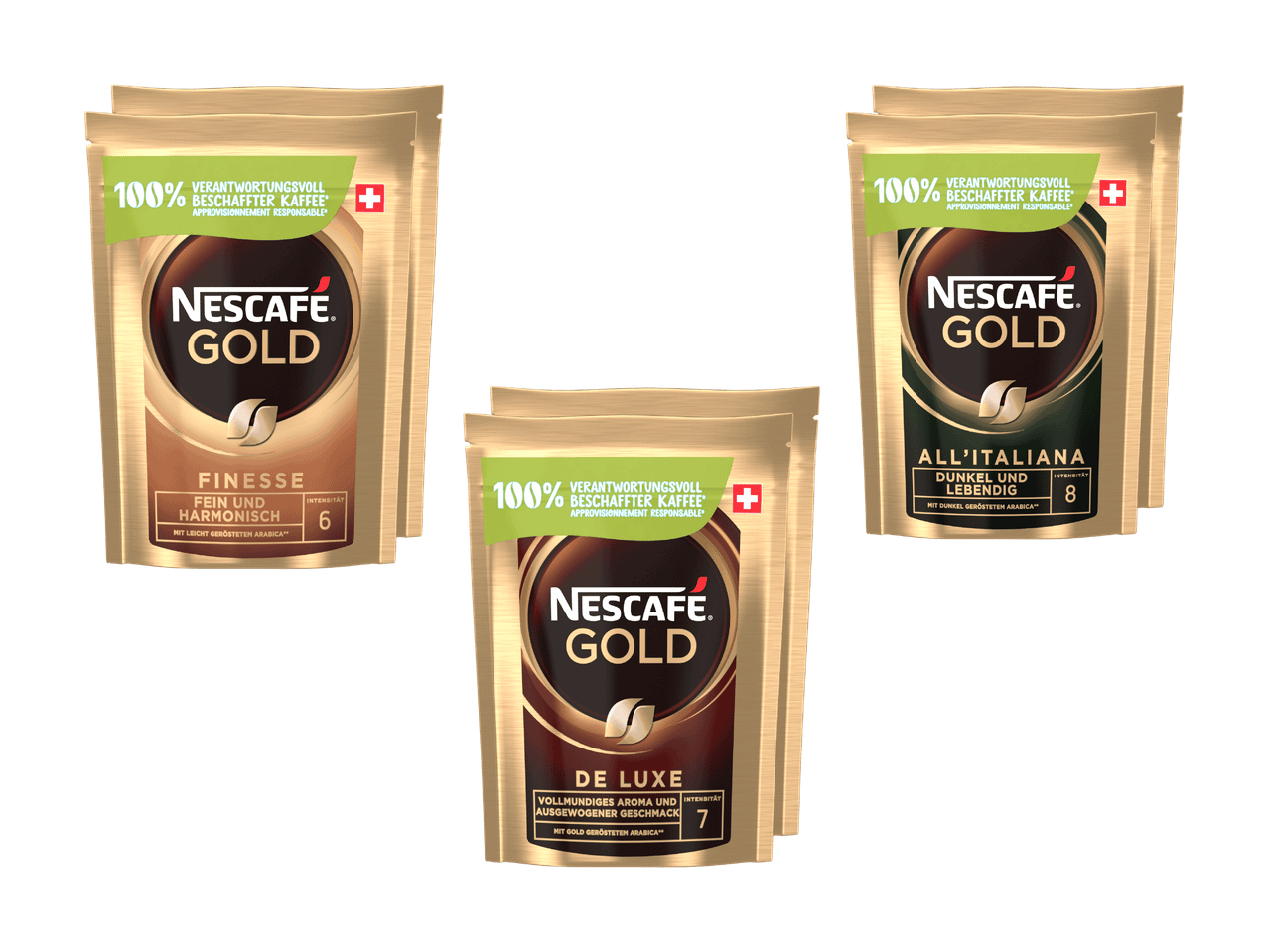 Drei Packungen Nescafé Gold Kaffee, jede mit einer anderen Mischung.