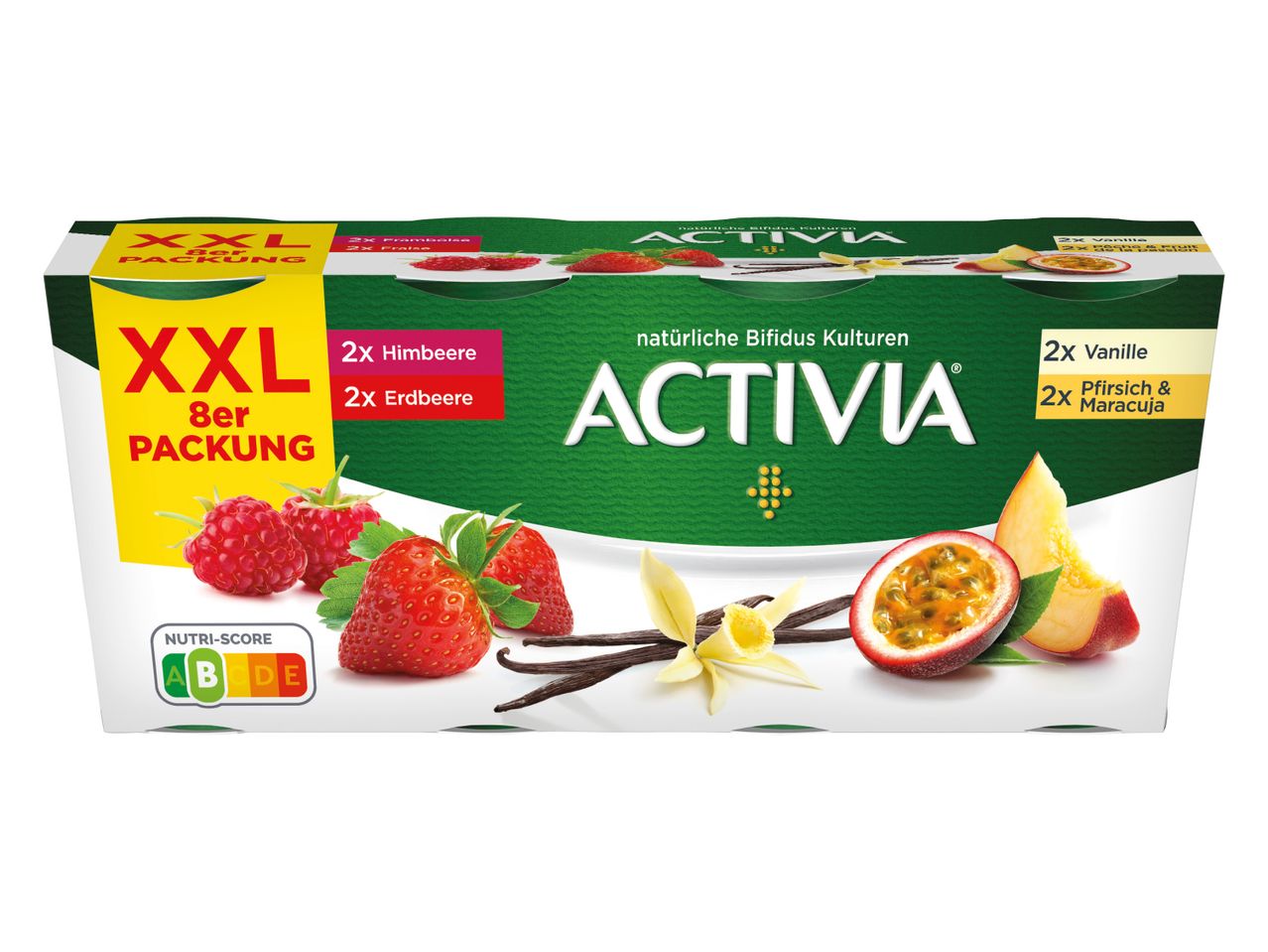 Embalaža Activia jogurtov z različnimi okusi: malina, jagoda, vanilija, breskev in marakuja.
