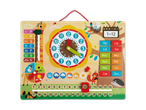 Holz-Lernkalender mit Uhr, Wochentagen, Monaten, Jahreszeiten und Wetteranzeige.