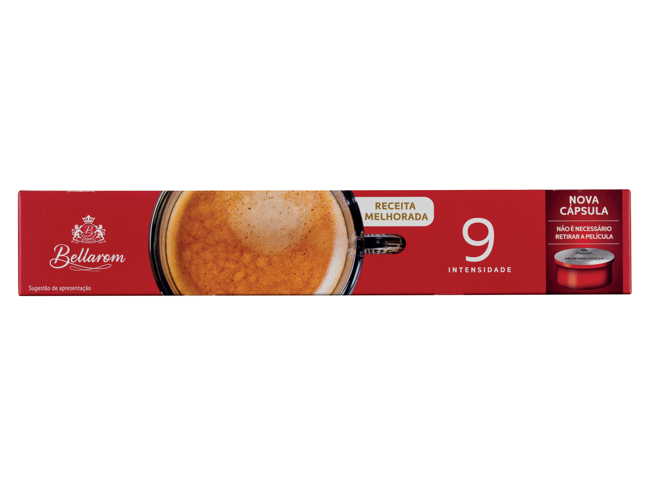 Embalagem de cápsulas de café Bellarom com uma xícara de café e nível de intensidade 9.