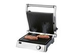 Open electric grill with two steaks cooking, showing steam, temperature dial, and power lights.