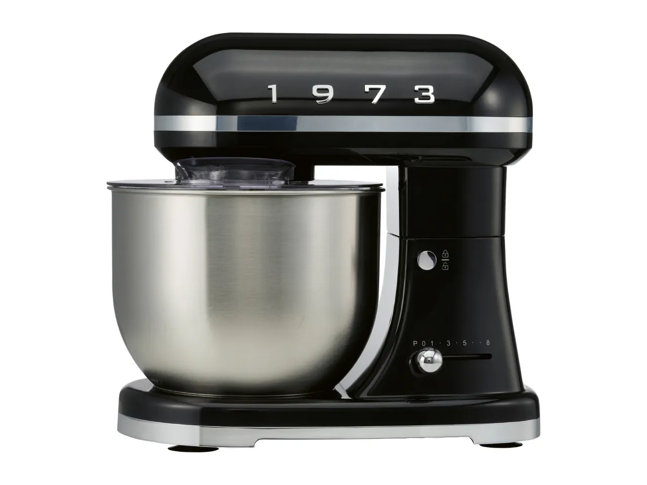 Black retro stand mixer with a stainless steel bowl and the year 1973 on the side