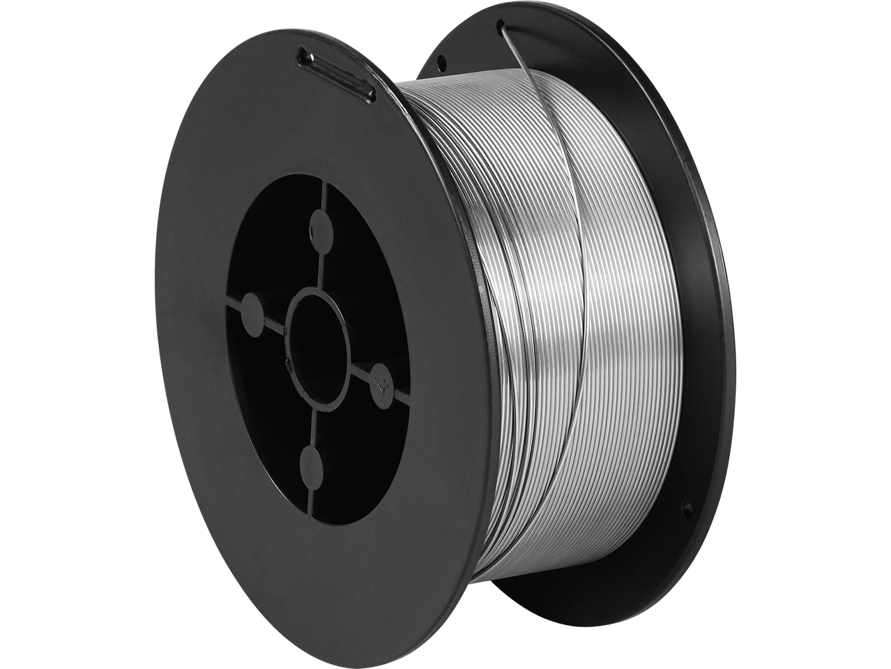 A spool of silver-colored welding wire on a black background.