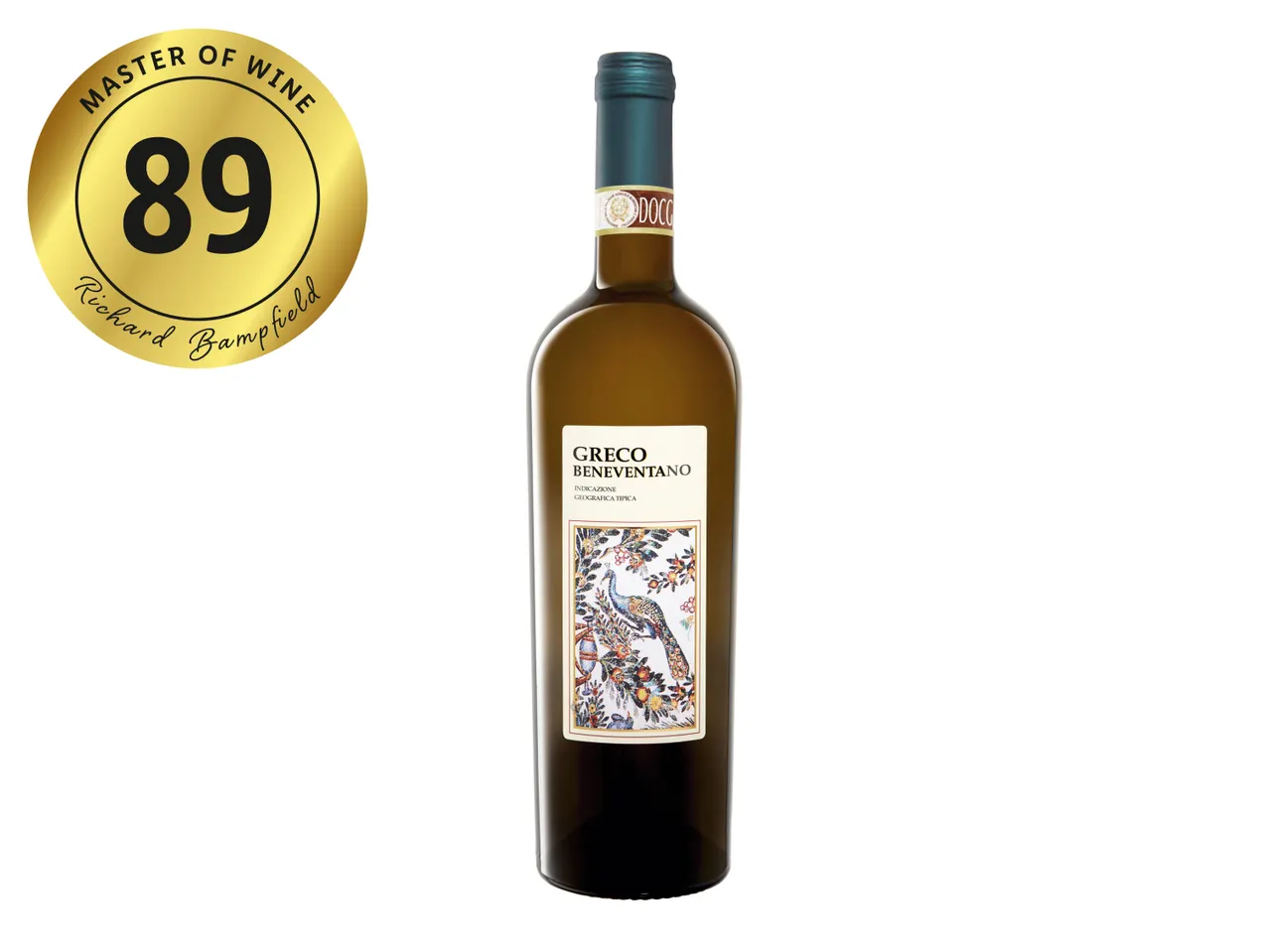 A bottle of Greco Beneventano wine with a gold Master of Wine 89-point rating seal.