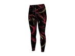 Black leggings with red and yellow abstract swirl pattern
