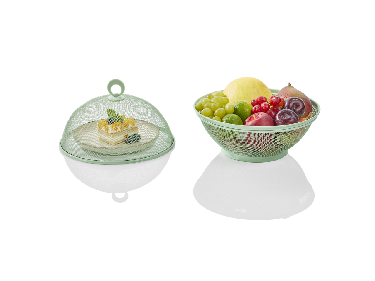 A set of pastel green mesh food covers, one covering a dessert and the other holding a bowl of fruit.