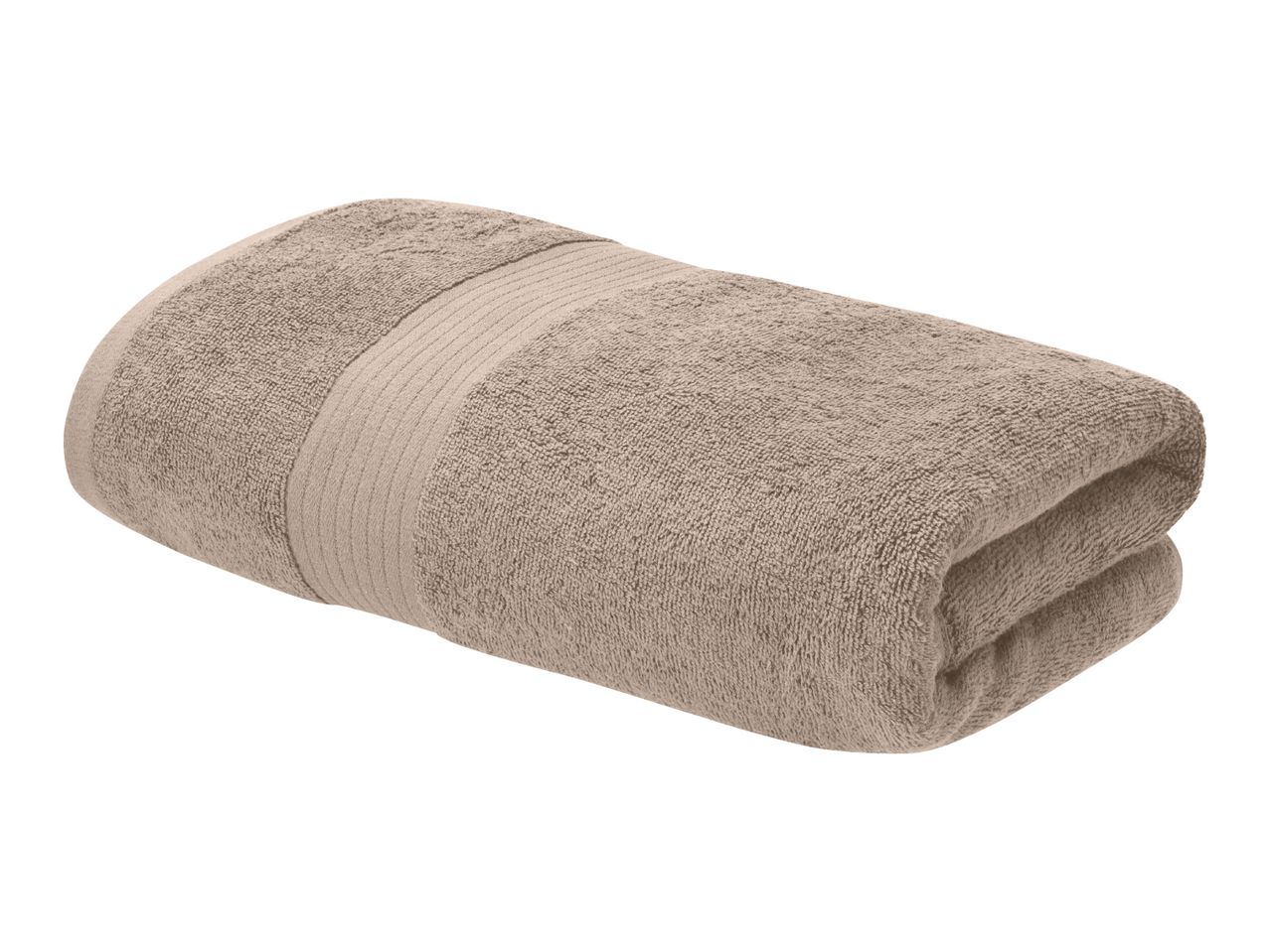 Folded beige bath towel with a ribbed border