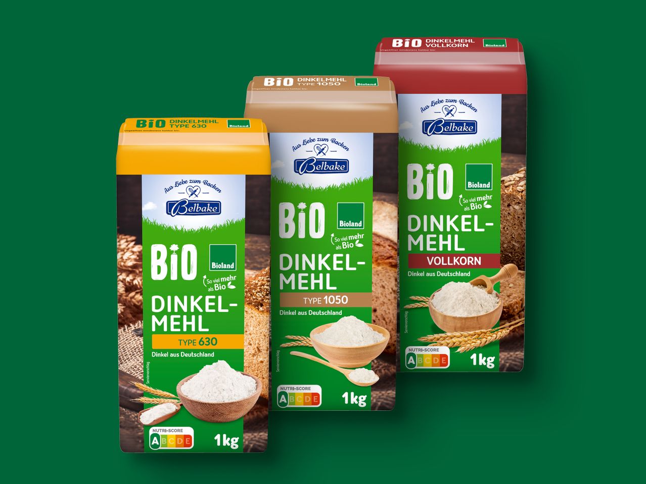 Bioland und Bellbake Bio-Dinkelmehl (Typ 630, 1050, Vollkorn), 1kg Packungen.