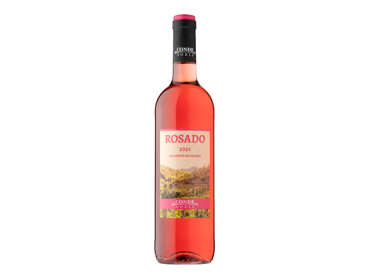 Sticlă de vin Conde Noble Rosado 2024 cu o etichetă peisagistică.