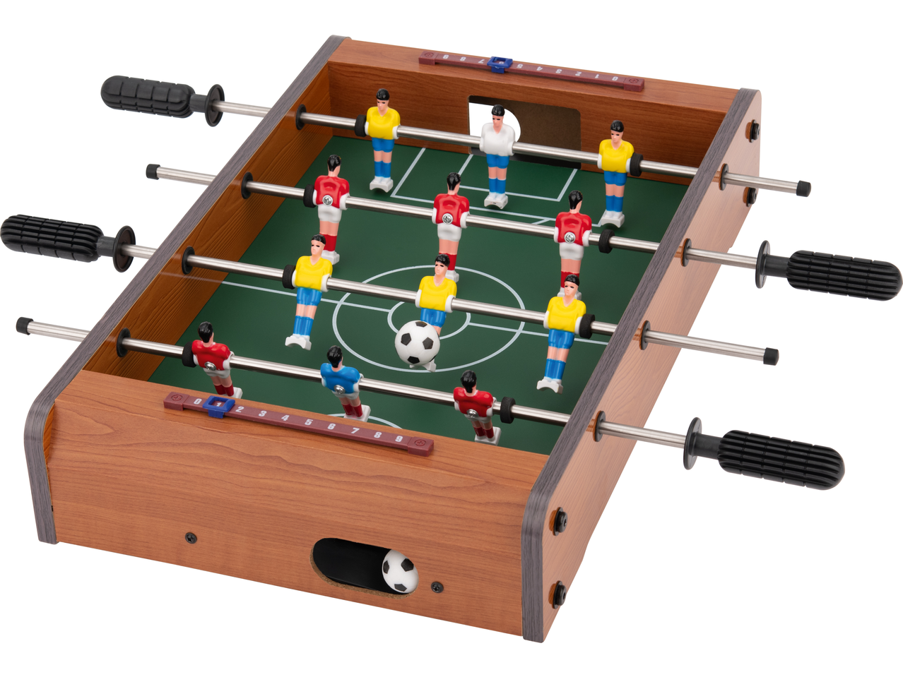 Lupilu Tabletop Game Assortment: A foosball table with red and yellow players on a green field.