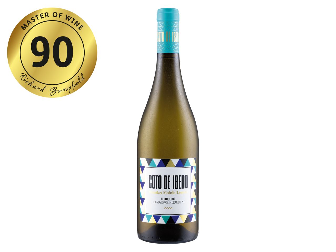 A bottle of Coto de Ibedo white wine with a 90-point Master of Wine rating.