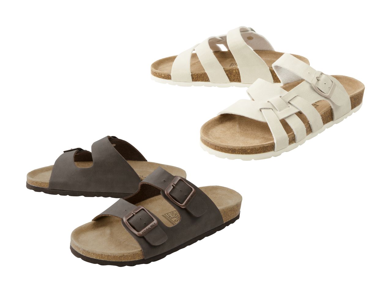 To par sandaler, en lys beige og en mørkebrun, med kork såler.