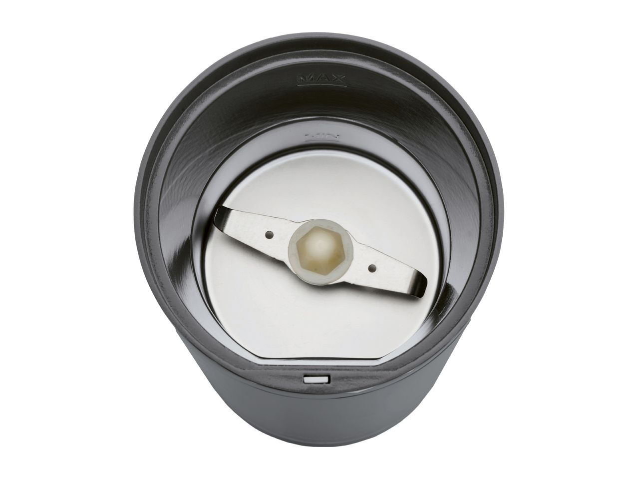 Top-down view of a coffee grinder with a stainless steel blade and a MAX/MIN fill line.