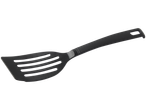 Black slotted spatula with a hanging hole on the handle.