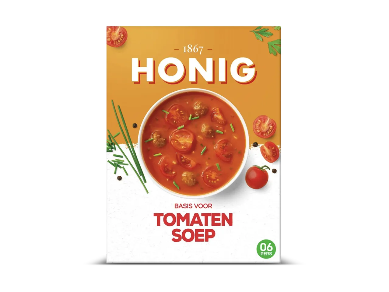 Een verpakking voor tomatensoep met een kom soep, tomaten, kruiden en de tekst 'HONIG' en 'BASIS VOOR TOMATEN SOEP'.