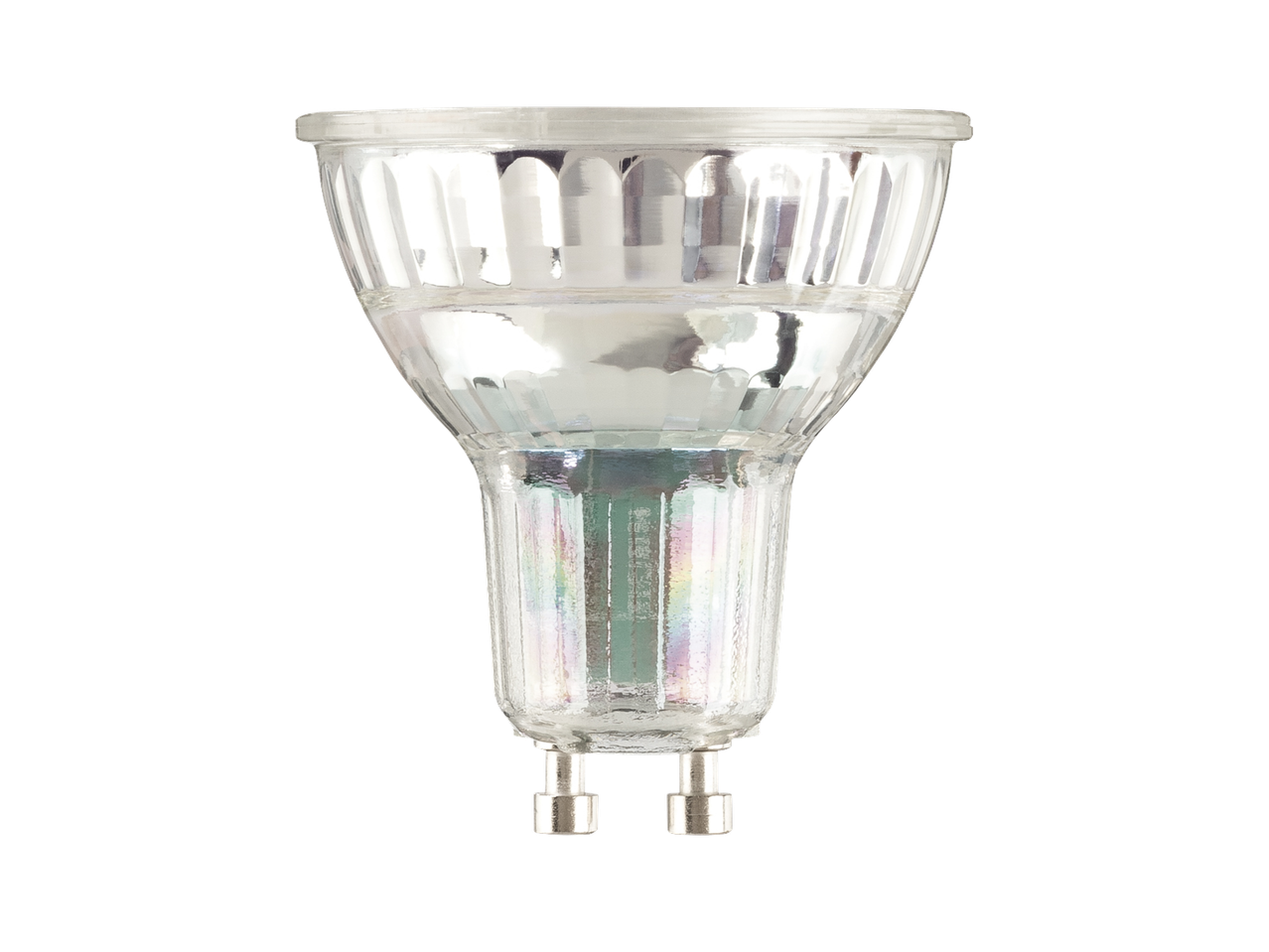 Енергоспестяваща LED крушка GU10 с прозрачно стъкло и метални щифтове.