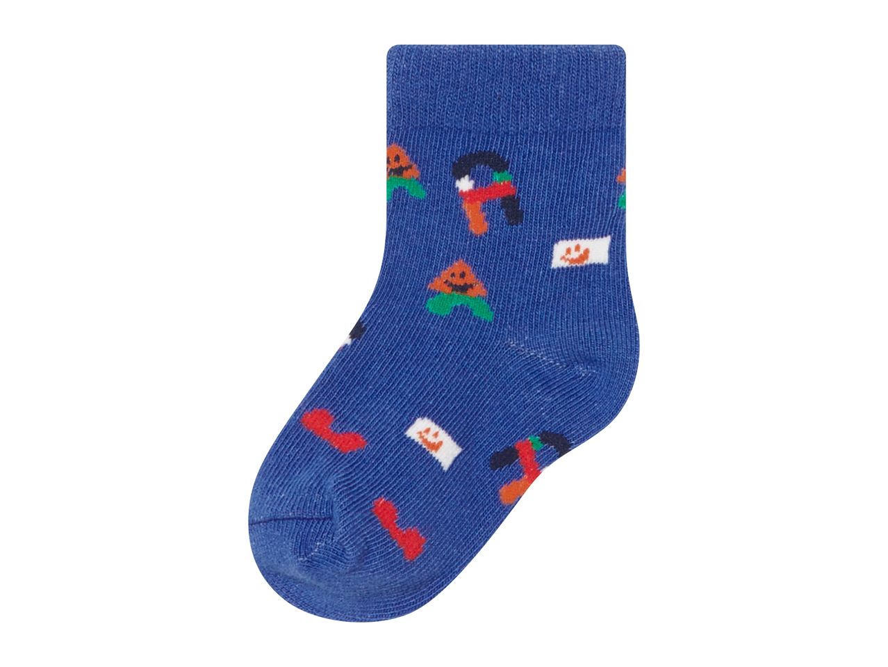 A single blue sock with Halloween-themed patterns, including pumpkins and ghosts.