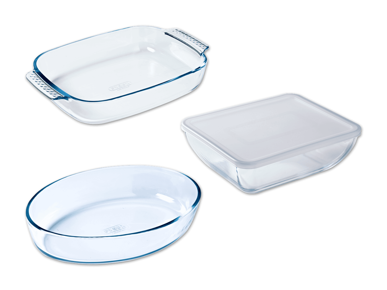 Drei Pyrex-Glasbackformen, darunter eine Auflaufform, eine ovale Form und eine rechteckige Form mit Deckel.