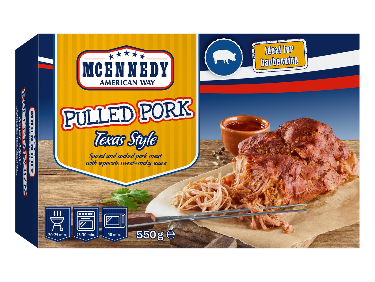 McKennedy Pulled Pork, Texas stiliaus: pagardinta ir virta kiauliena su atskiru saldžiarūksniu padažu, idealiai tinka kepsninei.
