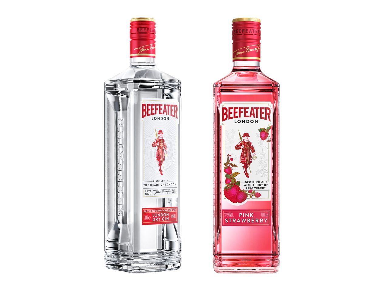 Două sticle de gin Beefeater, una London Dry Gin și una Pink Strawberry.