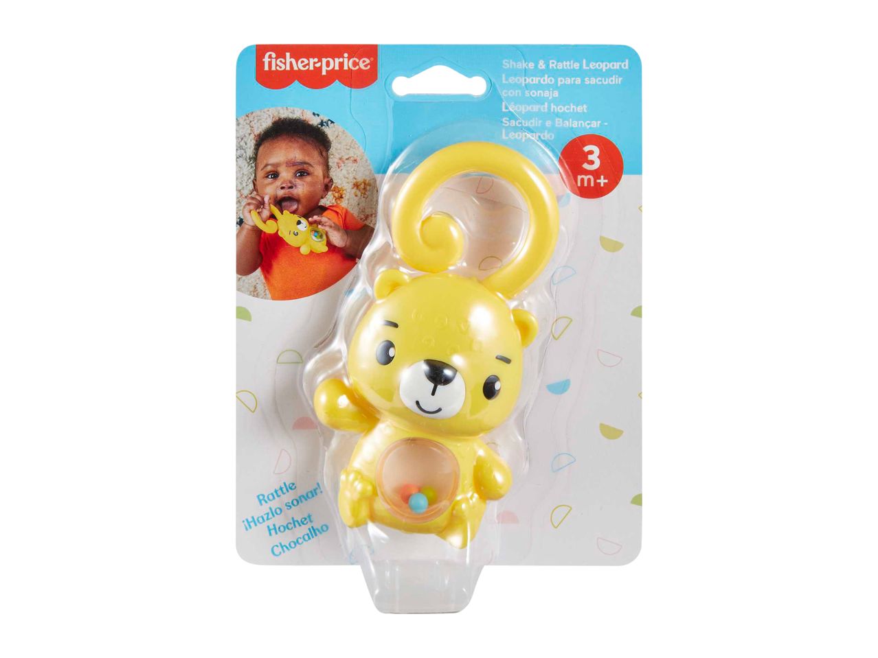 Shake & Rattle Leopard toy for babies 3 months and older, with a baby holding a similar toy.