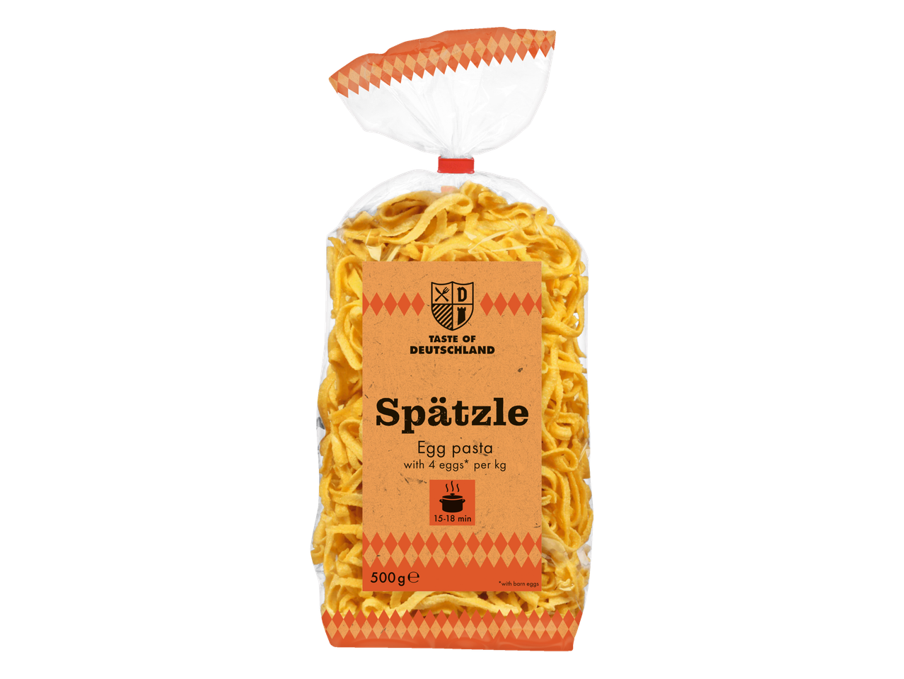 Zak van 500g Spätzle, Duitse eierpasta, met een kooktijd van 15-18 min.