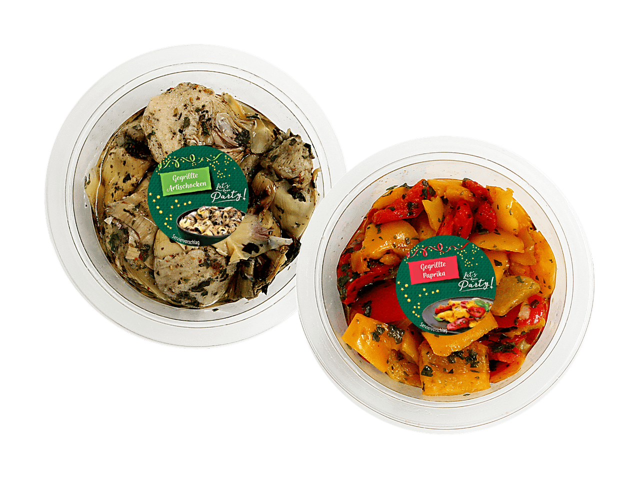 Zwei transparente Schalen mit gegrillten Artischocken und Paprika, beschriftet mit „Let's Party!“