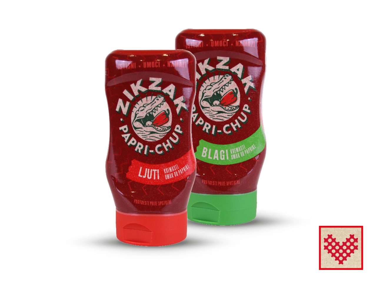 Dvije boce ZikZak Apricot-Chili umaka, crvena i zelena.