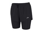 Black women's 2-in-1 running shorts with an elastic waistband and drawstring.