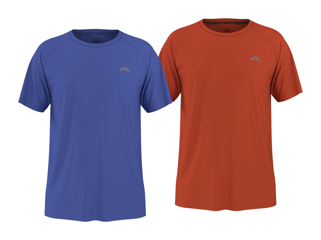 Dve športni majici s kratkimi rokavi, ena modra in ena oranžna, z logotipom na prsih.