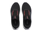 Pair of black running shoes with coral accents and white soles, viewed from above.