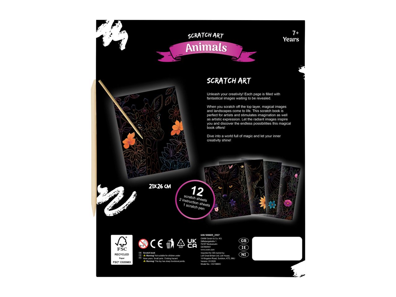 Scratch art book for ages 7+ featuring animal designs, with 12 scratch sheets, 2 instruction sheets, and a scratch pen.