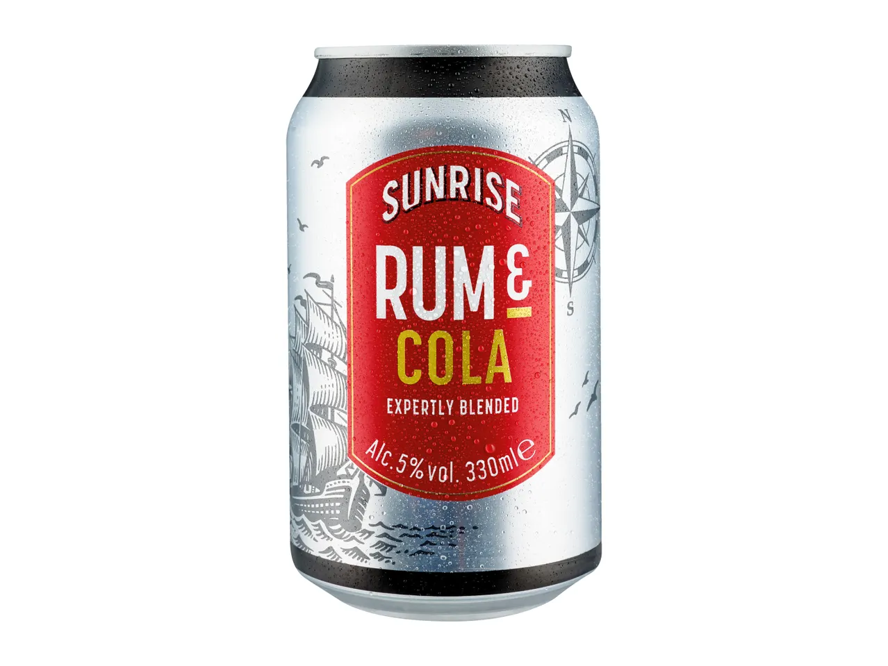 A chilled can of rum and cola with a red label, featuring a sailing ship and compass design.