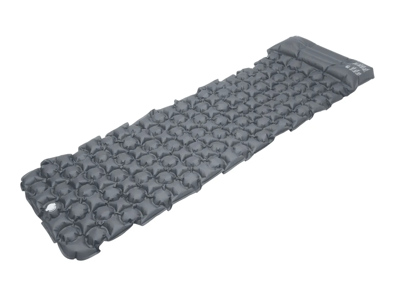 Grey inflatable sleeping mat with an integrated pillow