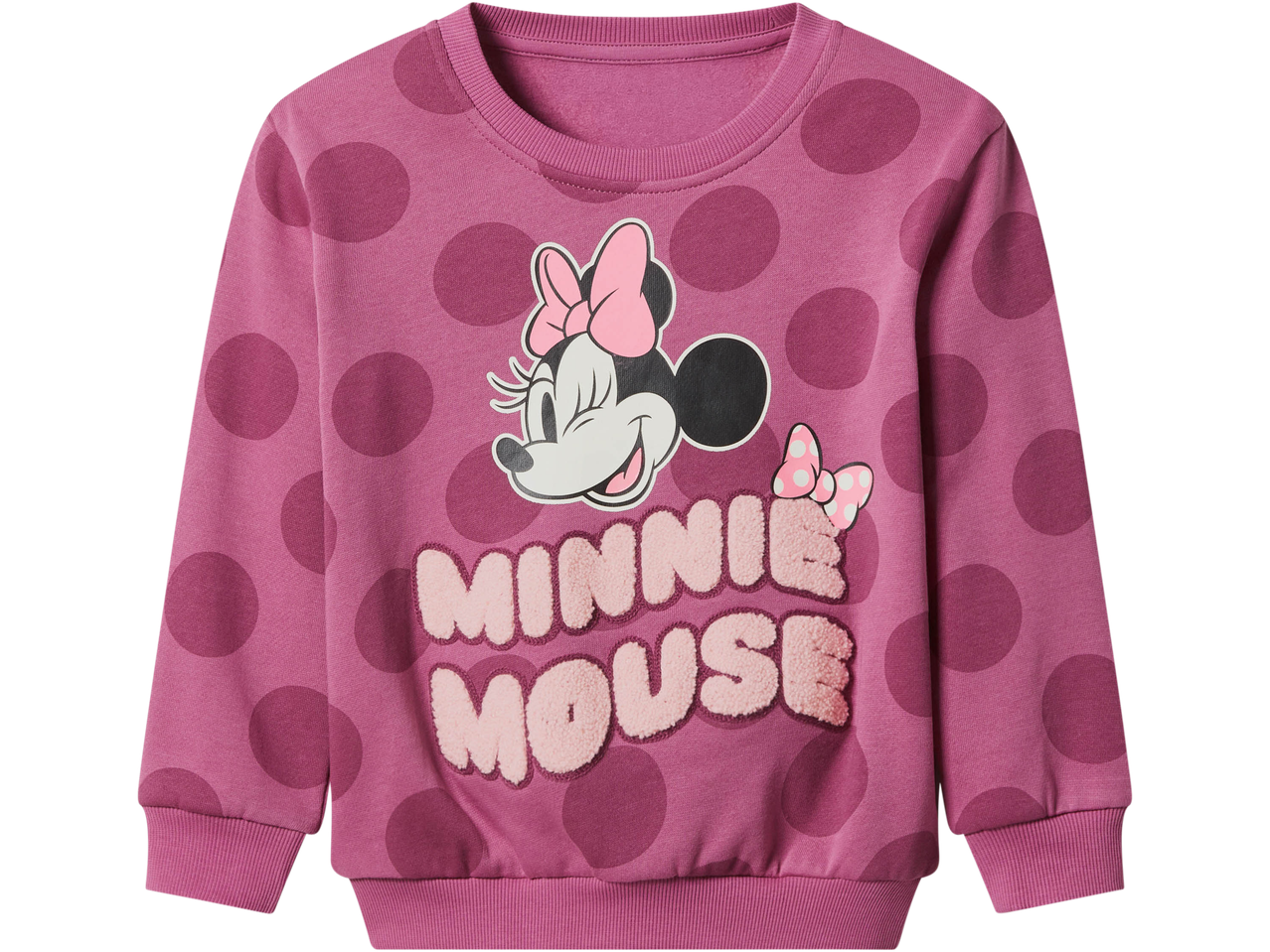 Pink long-sleeved sweatshirt with Minnie Mouse graphic and polka dots.