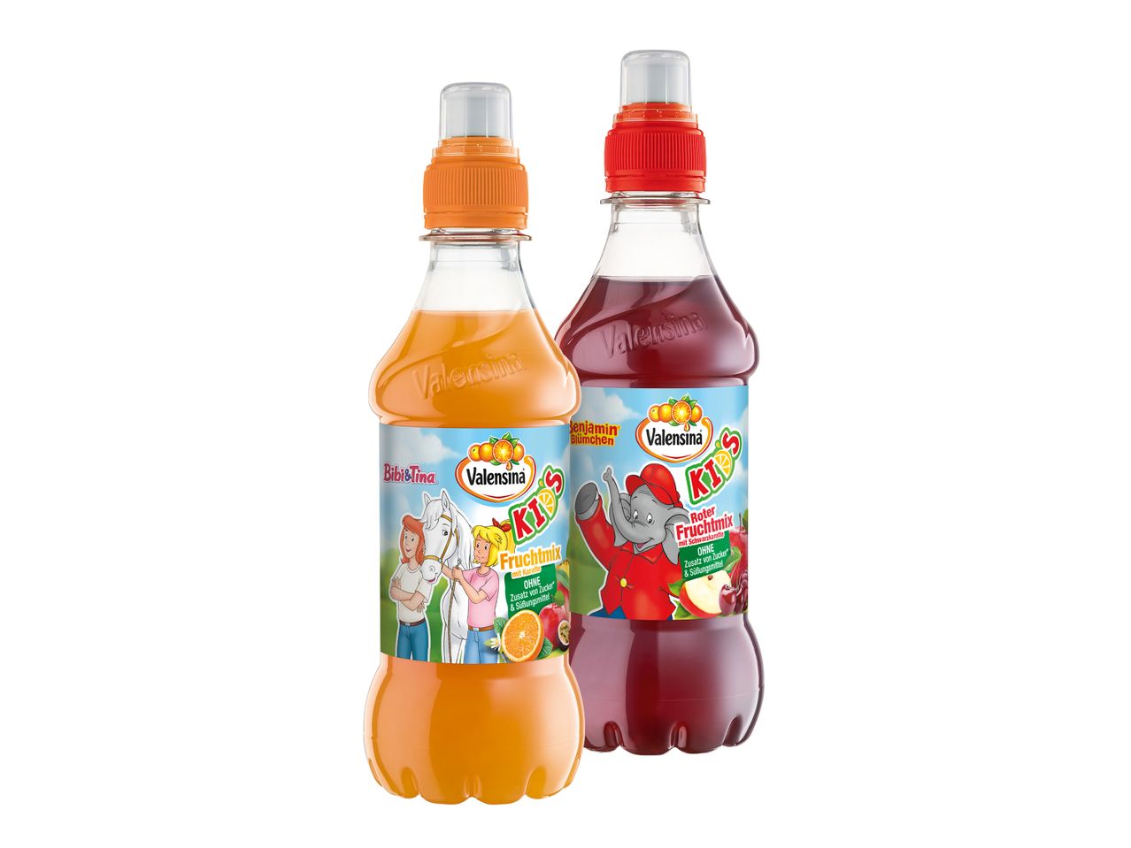 Zwei Valensina Kids Fruchtsaft-Flaschen, eine mit Fruchtmix und die andere mit rotem Fruchtmix.