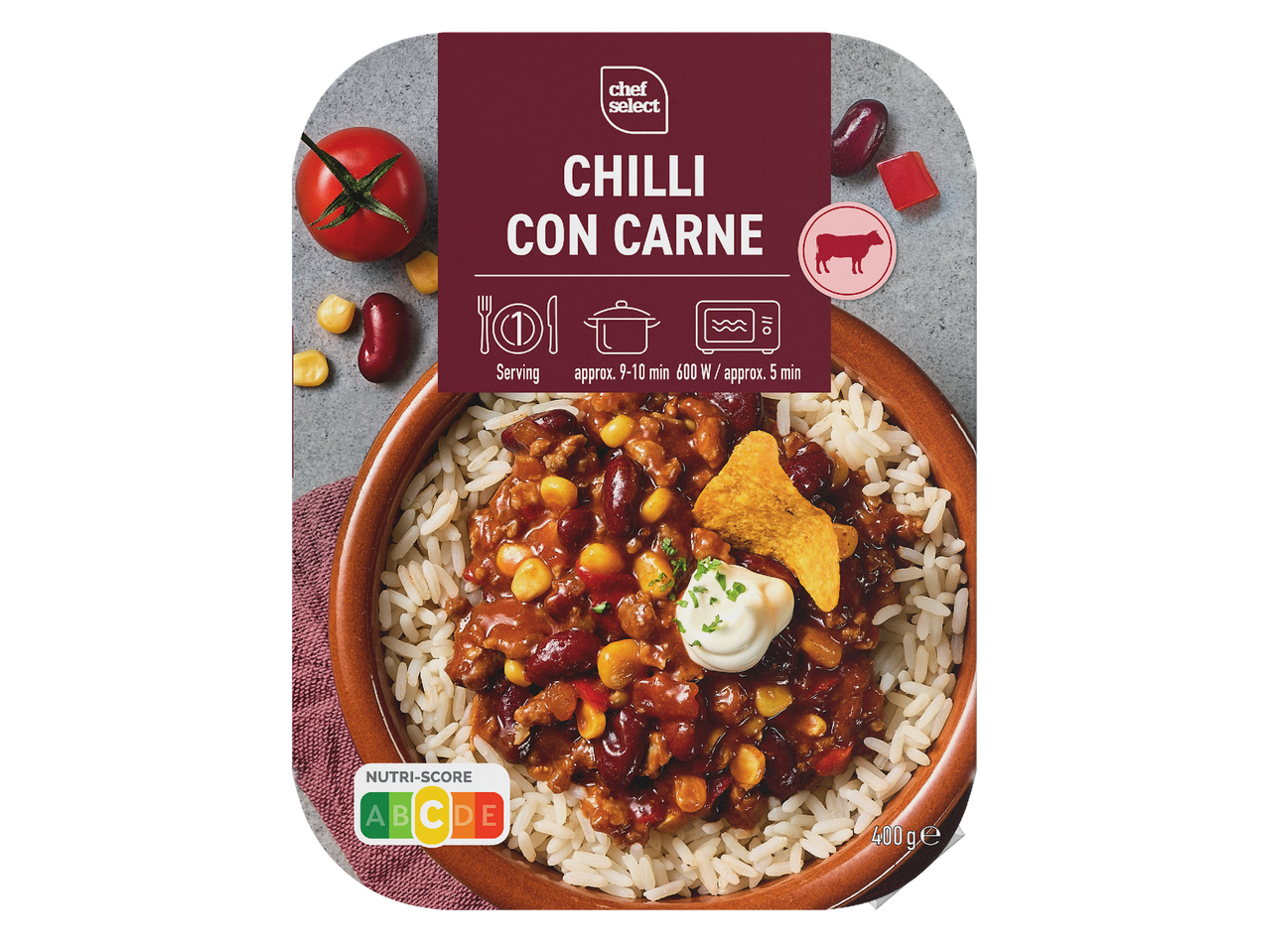 Опаковка чили кон карне с ориз, царевица и боб, с Nutri-Score C и тегло 400g.