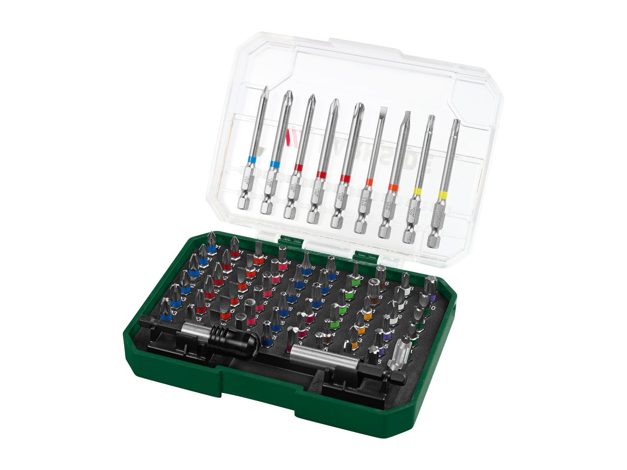 A set of screwdriver bits and extensions in a green and clear plastic case.