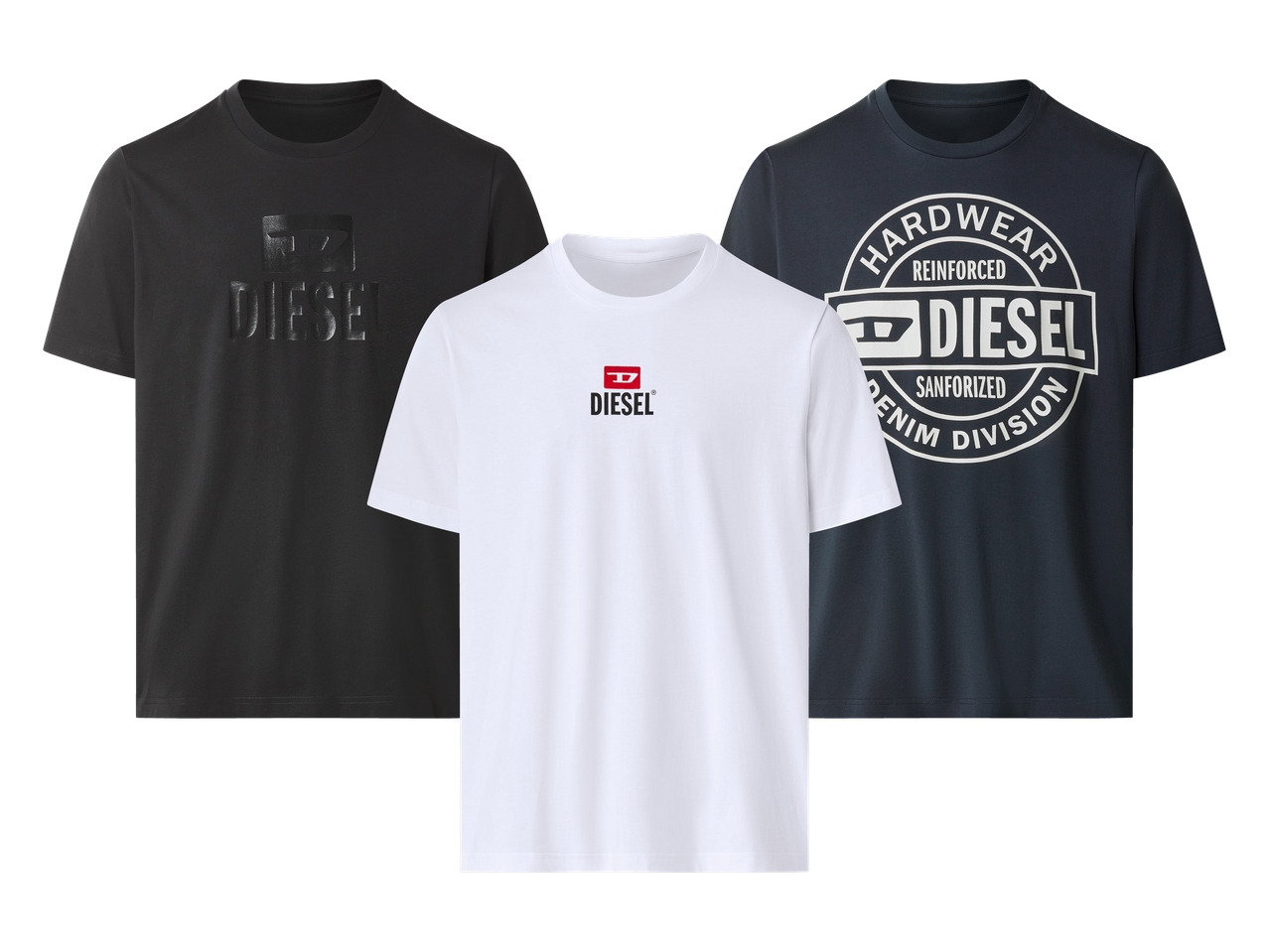 Tri muške majice kratkih rukava: crna s reljefnim logotipom, bijela s crvenim logotipom i tamnoplava s okruglim logotipom.