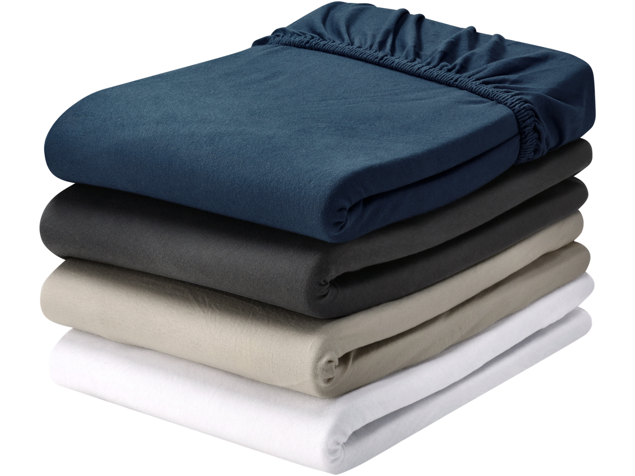 Stack of folded LIVARNO home Jersey Fitted Sheets in blue, gray, beige, and white.