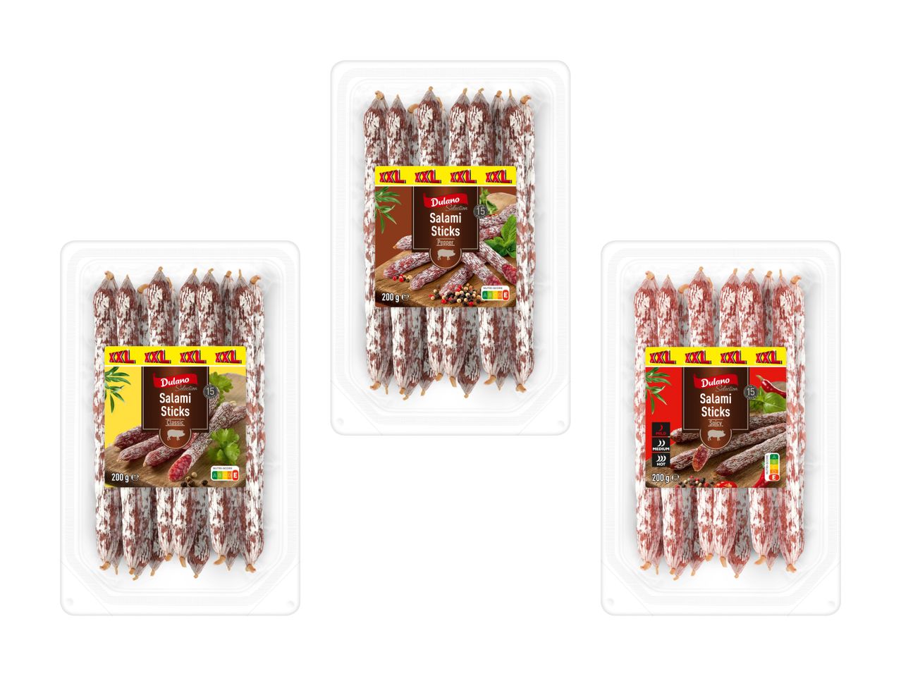 Tre confezioni di salami secchi Dulano Selection: Classico, Pepe e Piccante.