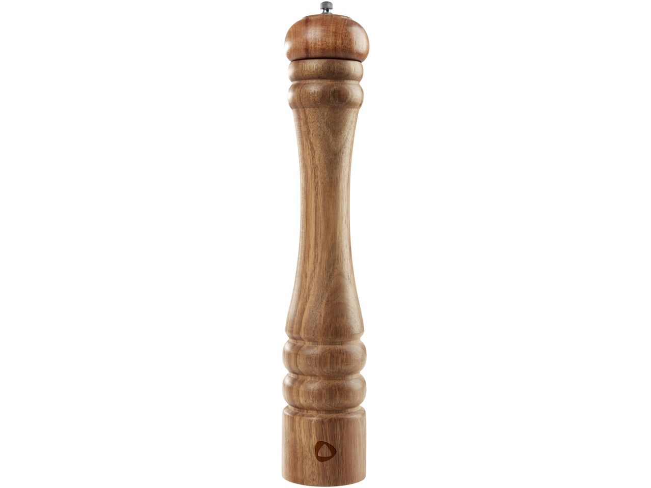 Tall wooden pepper mill with a metal top knob on a white background.