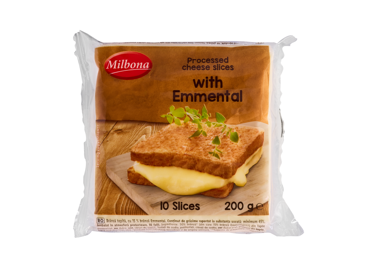 Milbona felii de brânză topită cu Emmental, 10 felii, 200g, cu un sandviș cu brânză la grătar.