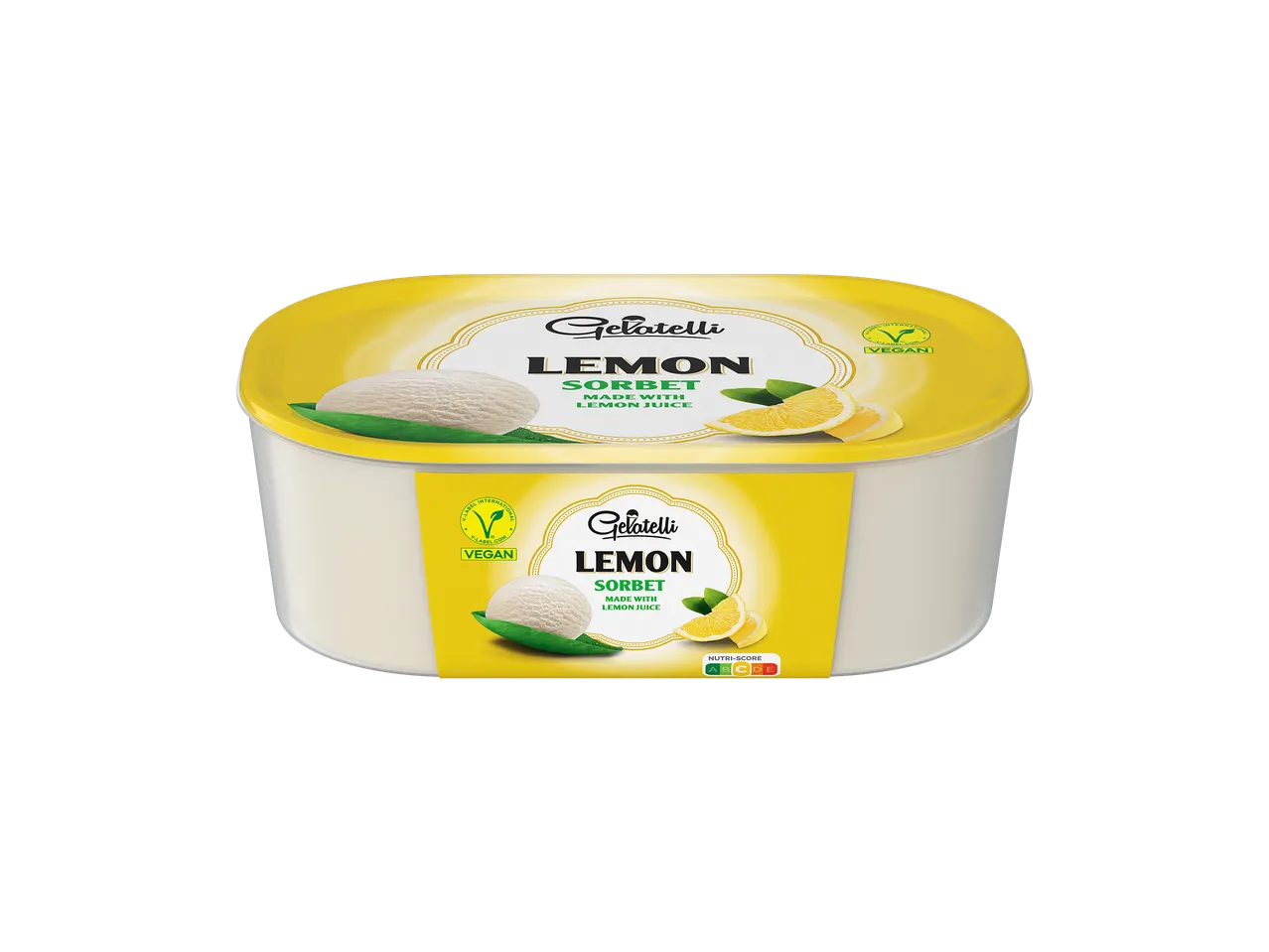 Un pot de sorbet au citron végétalien avec une boule de sorbet et des tranches de citron.